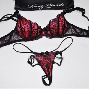 Honey Birdette Bianca I Strappy Coral Set Bra & Crotchless Thong Panty 32D / XS